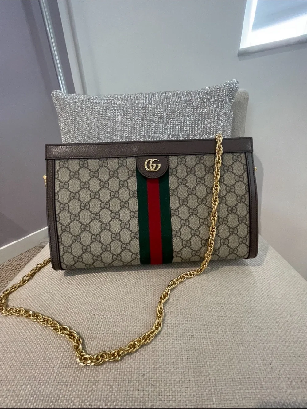 Gucci Brown GG Canvas Shoulder Bag with Green-Red Web Stripe
